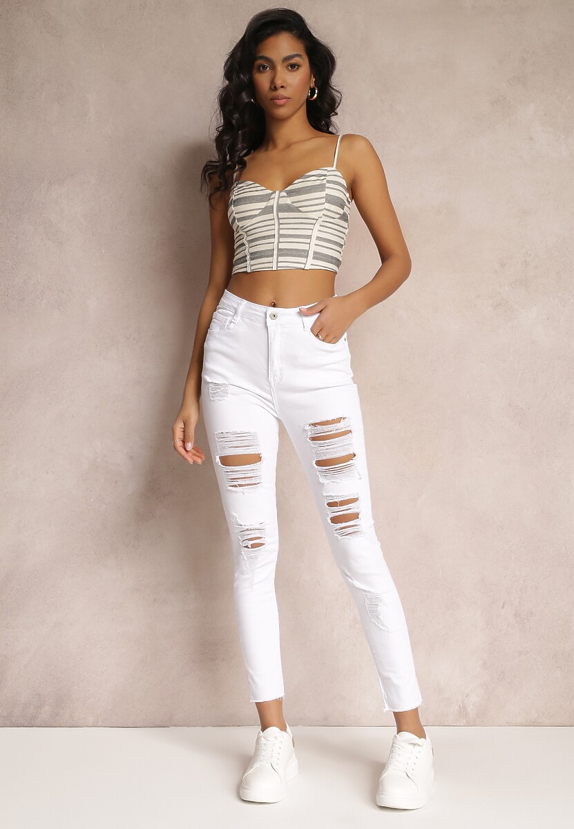 Białe Jeansy Skinny z Przetarciami na Nogawkach Aliyana 1
