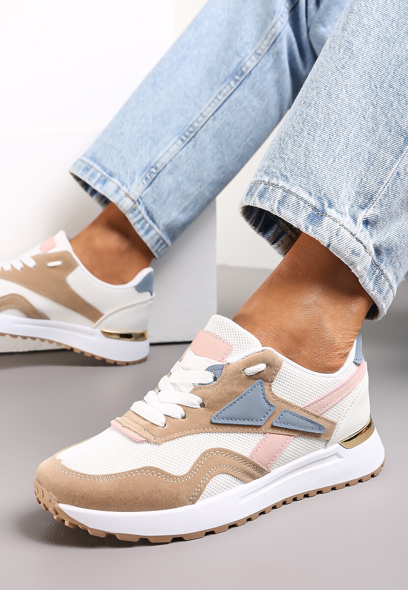 Beżowo-Białe Sznurowane Sneakersy na Płaskiej Podeszwie Salisa 1