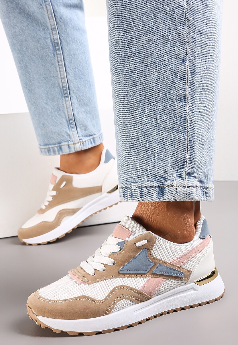 Beżowo-Białe Sznurowane Sneakersy na Płaskiej Podeszwie Salisa 2
