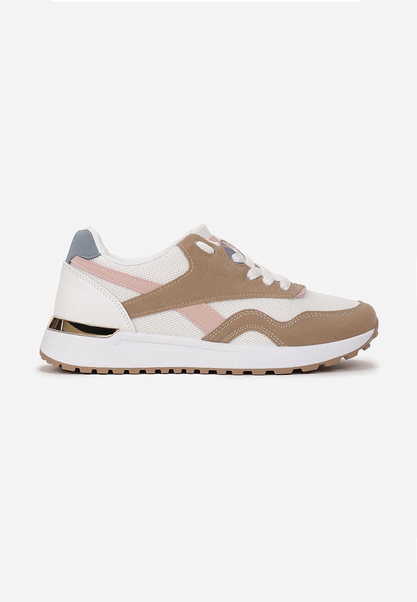 Beżowo-Białe Sznurowane Sneakersy na Płaskiej Podeszwie Salisa 3