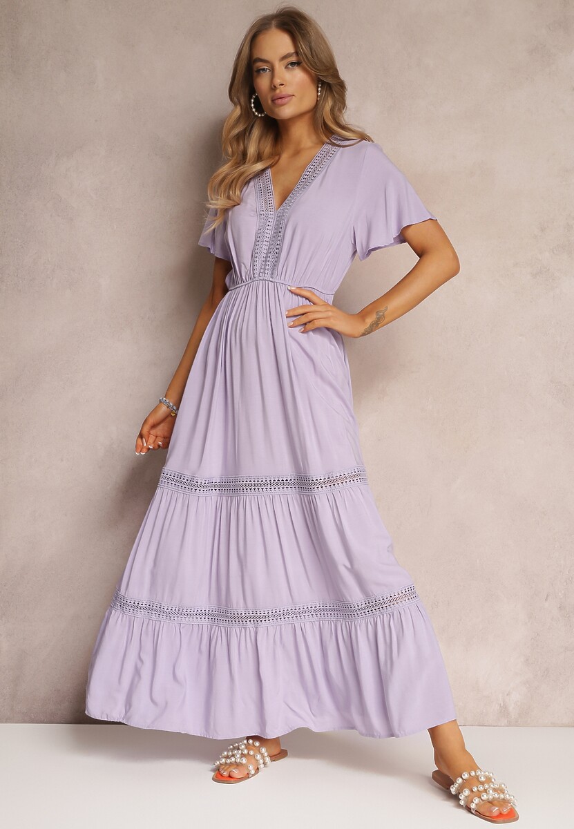 Rochie Violetă Lungă Decorată Inserții Dantelă Elastic Talie Nasma 1