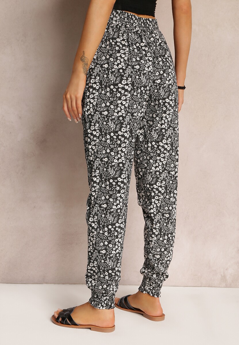 Pantaloni negri florali cu elastic în talie și buzunare Aneva 3