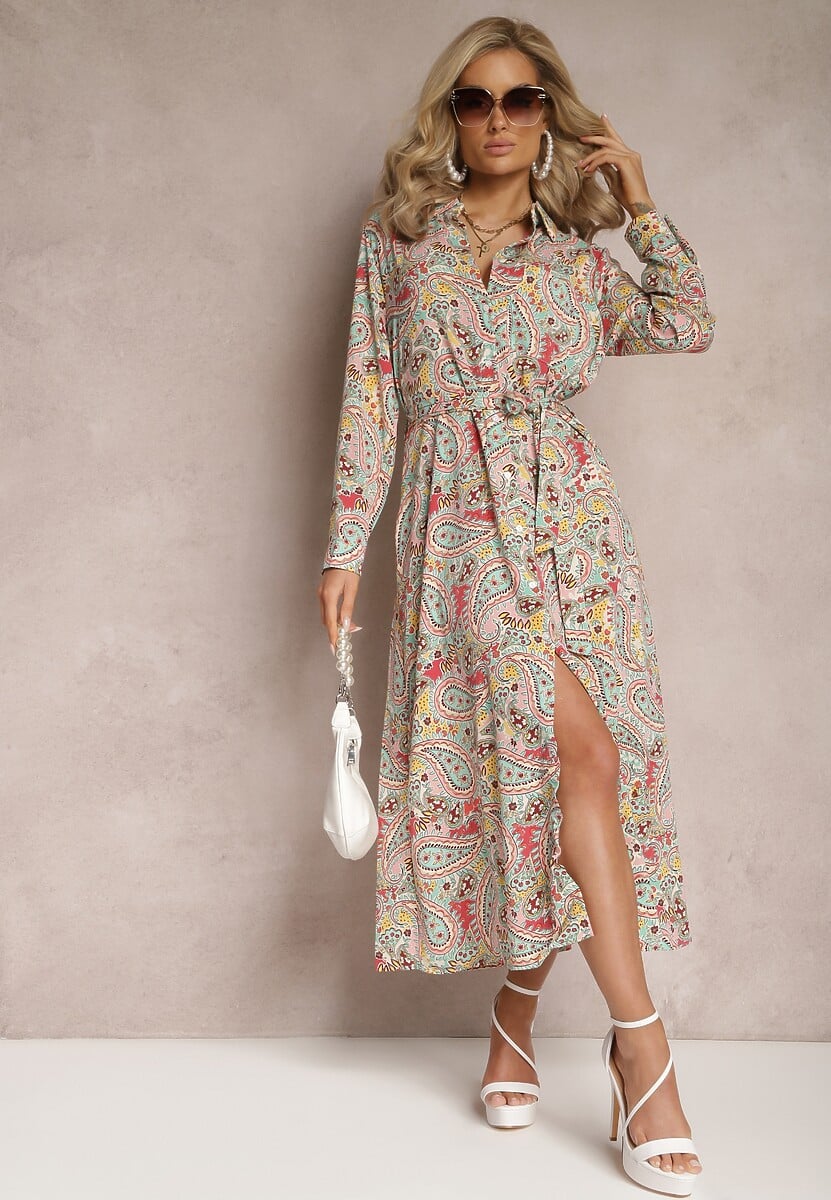 Rochie Cămașă Maxi Roz-Mintă cu Buzunare și Nasturi Merra 3