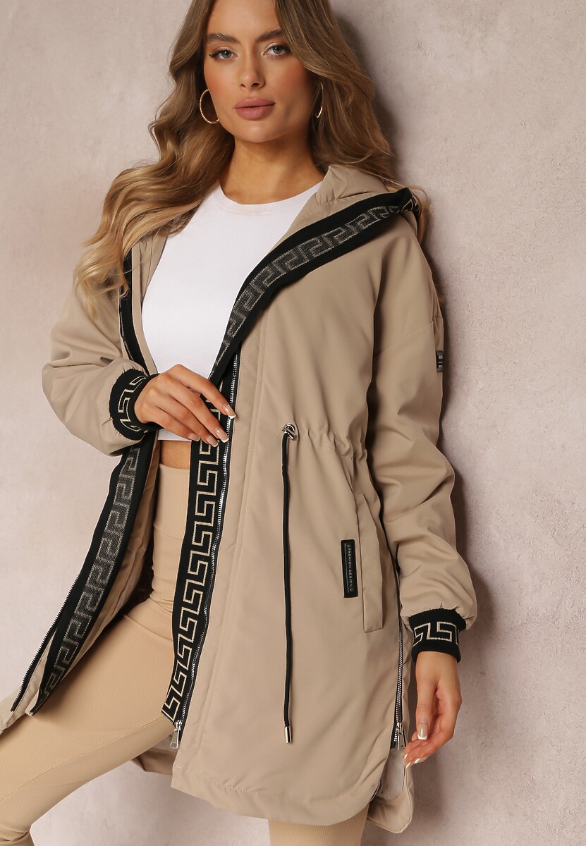 Jachetă parka bej închis cu model geometric pe glugă și mâneci Lidya 1