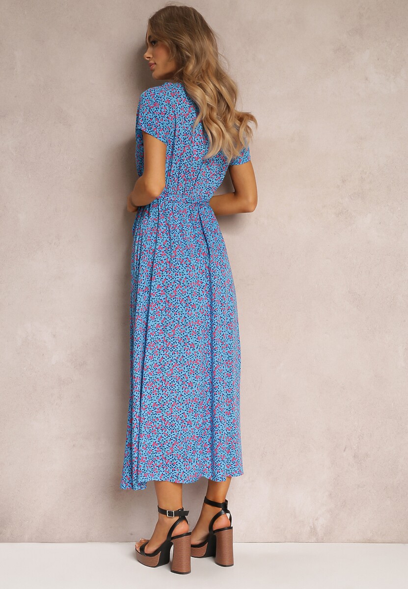 Niebieska Sukienka z Wiskozy z Gumką i Wiązaniem w Pasie Alethy 3