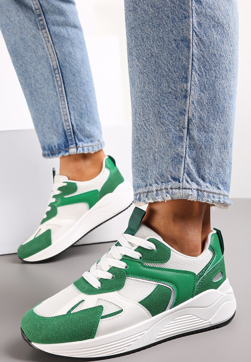 Biało-Zielone Sneakersy na Grubej Podeszwie Zdobione Wstawkami Mediva 2