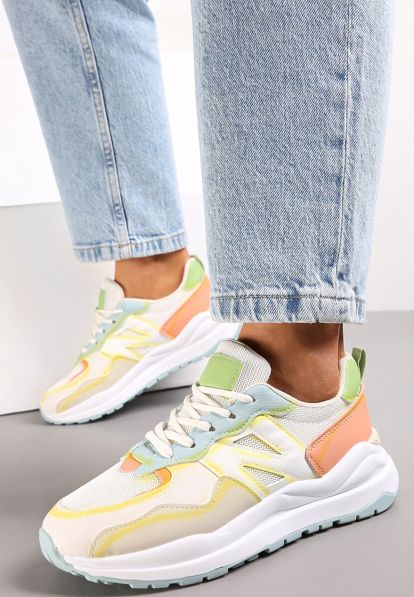 Biało-Pomarańczowe Sneakersy Przed Kostkę Zdobione Przeszyciami Flallesi 1