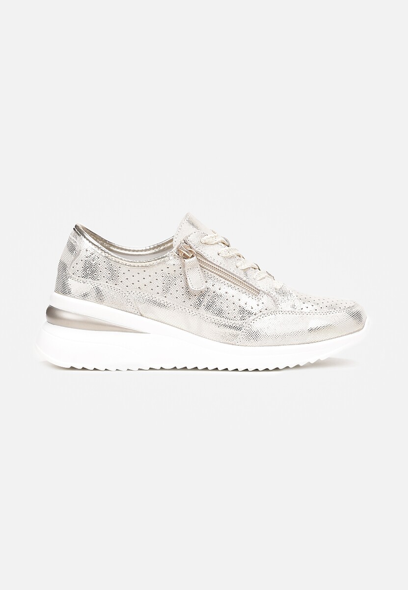 Złote Skórzane Sneakersy na Ozdobnym Koturnie ze Sznurowaniem i Suwakiem Felline 3