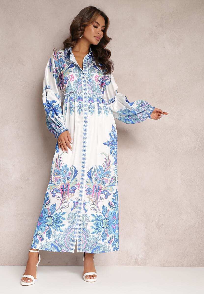 Biało-Niebieska Koszulowa Sukienka Maxi Oversize w Kwiatowy Wzór Amirsa