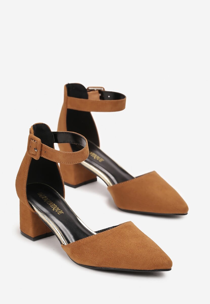 Brązowe Czółenka na Niskim Słupku ze Szpiczastym Noskiem Tegyd