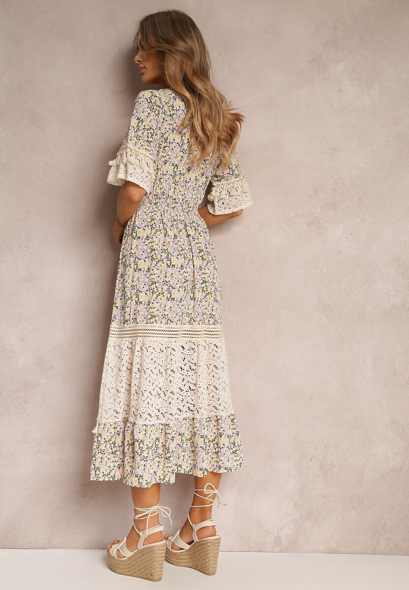 Rochie bej cloș cu dantelă și elastic în talie Ebosine 3