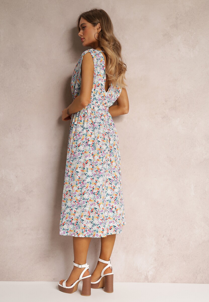 Rochie midi albastră florală fără mâneci cu elastic în talie Thallu 3