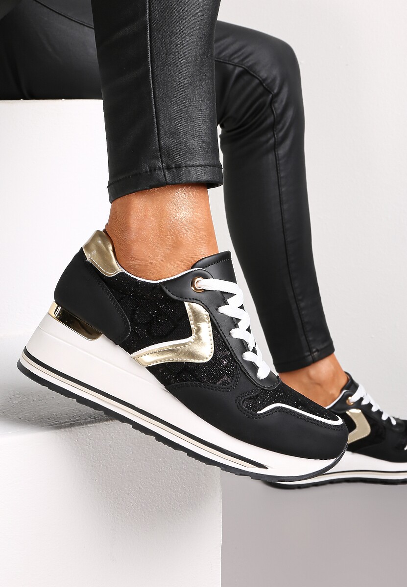 Czarno-Białe Sznurowane Sneakersy na Podeszwie z Koturnem Isies 1