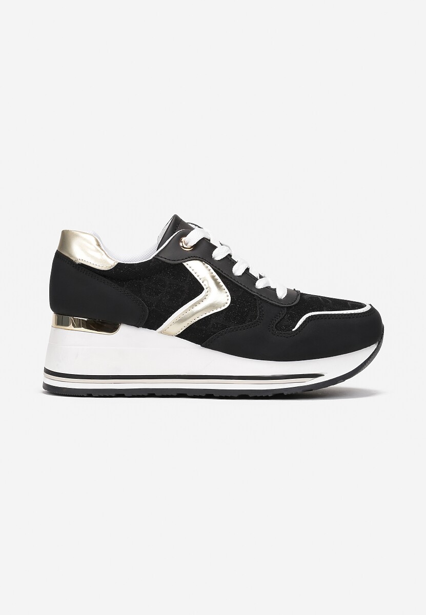 Czarno-Białe Sznurowane Sneakersy na Podeszwie z Koturnem Isies 3