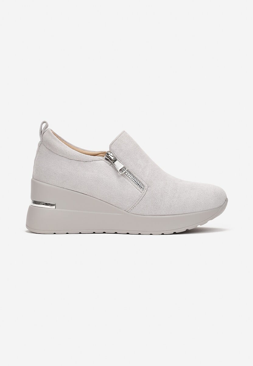 Szare Sneakersy na Koturnie ze Skórzaną Wkładką i Suwakiem Eurneid 3