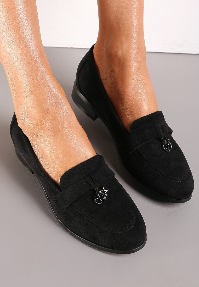 Mocasini Negri Slip-On cu Pandantiv Decorativ și Brant din Piele Glynis 2