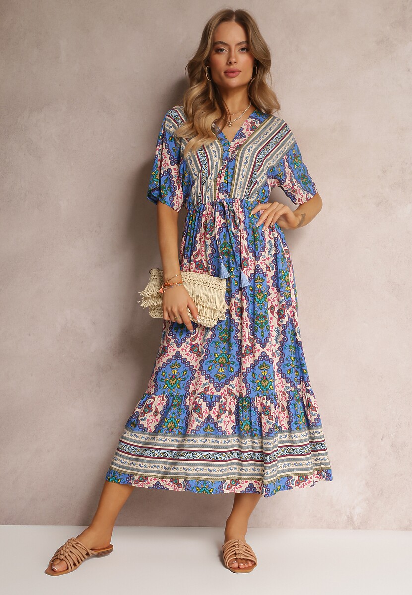 Rochie maxi bleumarin din viscoză cu elastic în talie și volan Cophine 1
