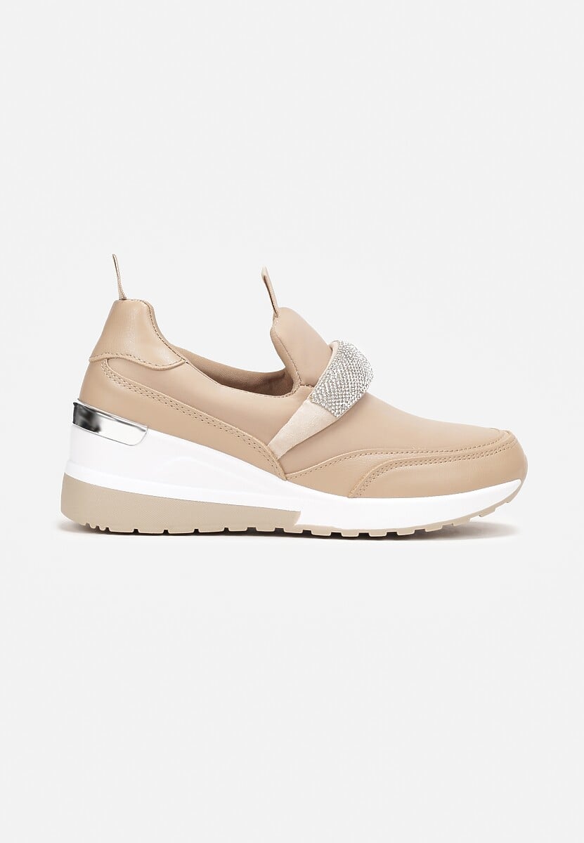 Ciemnobeżowe Wsuwane Sneakersy na Niskim Koturnie z Ozdobnym Paskiem z Przodu Amisia 3