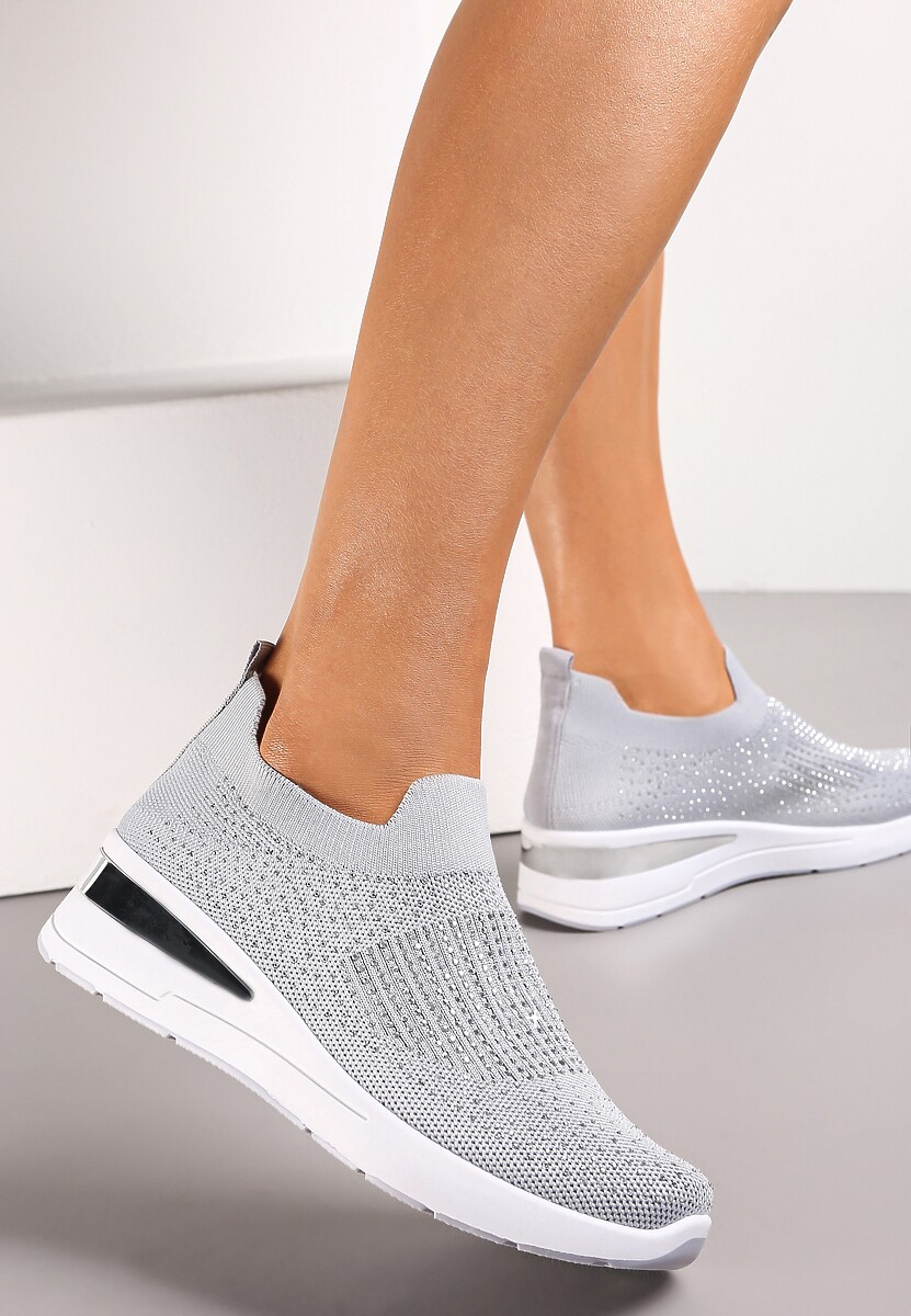 Szare Wsuwane Sneakersy na Niskim Koturnie Zdobione Cyrkoniami Taslah 2