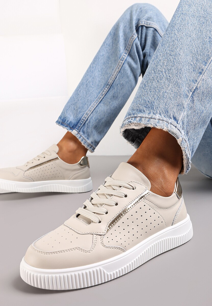 Beżowo-Złote Skórzane Sneakersy z Cholewką przed Kostkę z Drobną Perforacją Adaphne 1