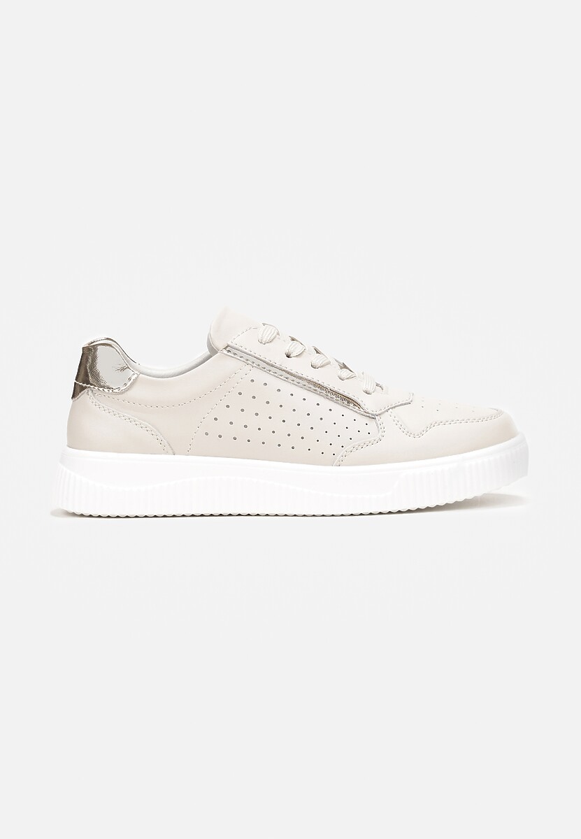 Beżowo-Złote Skórzane Sneakersy z Cholewką przed Kostkę z Drobną Perforacją Adaphne 3