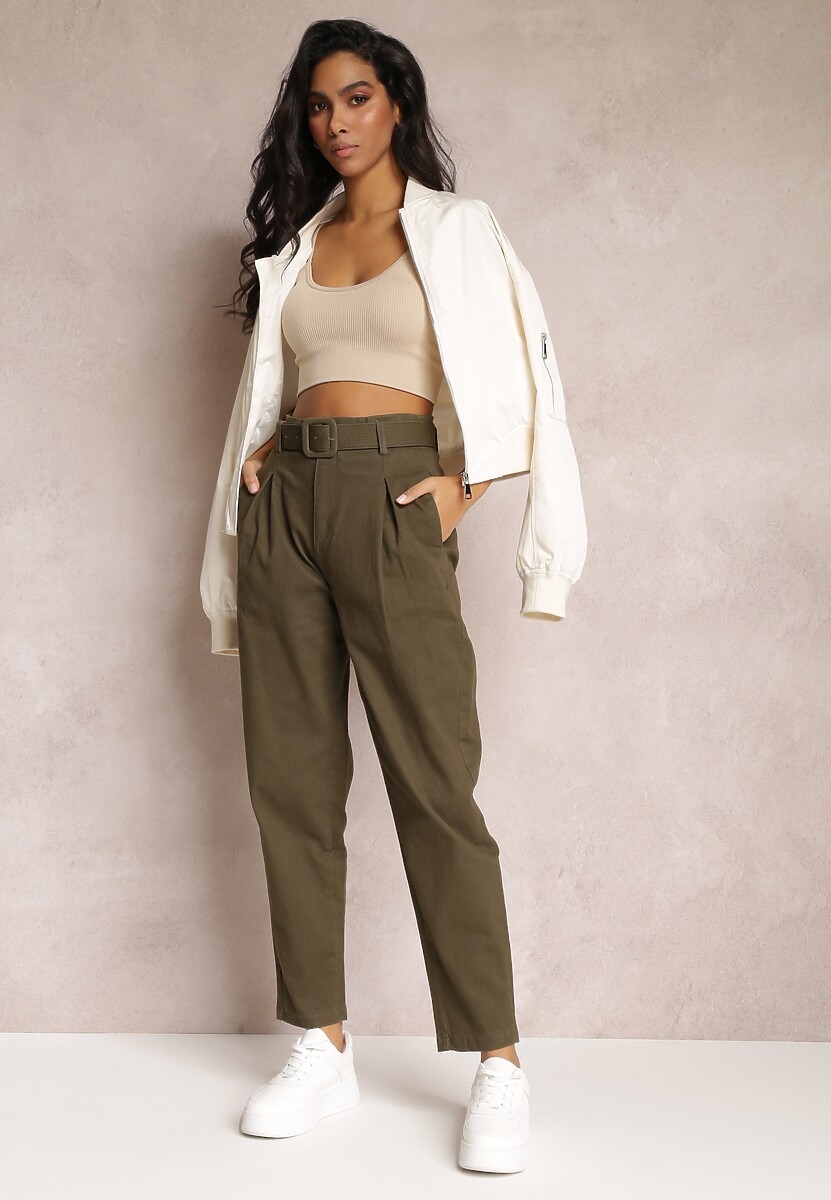 Ciemnozielone Jeansy Mom Fit z Paskiem Alemothee 2