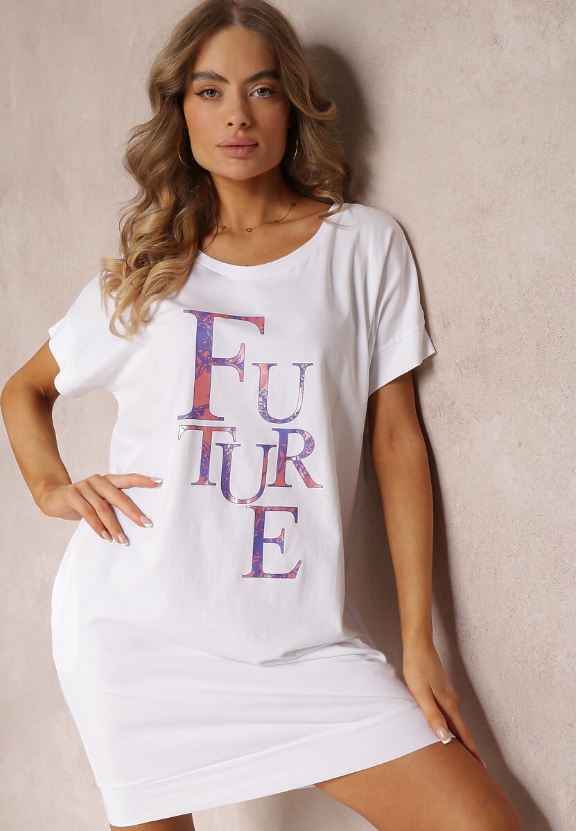 Biała Sukienka typu T-shirt z Nadrukiem i Krótkim Rękawem Nodite 1