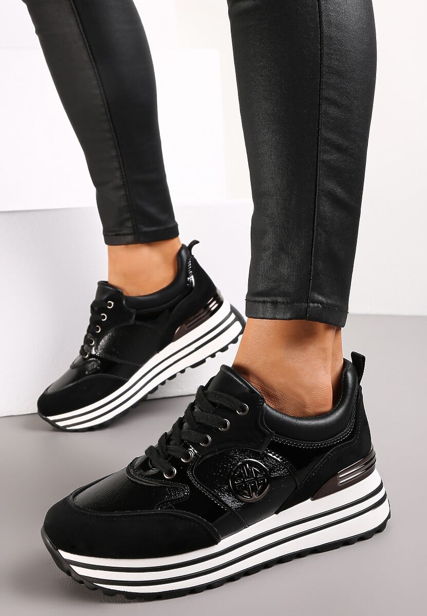Czarne Sneakersy na Ozdobnej Podeszwie i Wkładką ze Skóry Naturalnej Agiri 2