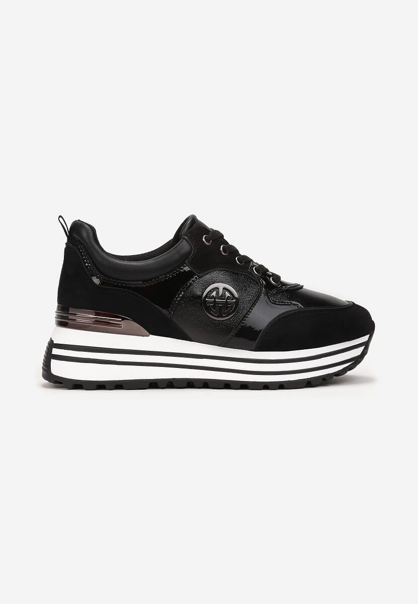Czarne Sneakersy na Ozdobnej Podeszwie i Wkładką ze Skóry Naturalnej Agiri 3