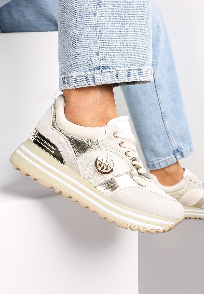 Złote Sneakersy na Ozdobnej Podeszwie i Wkładką ze Skóry Naturalnej Agiri 1