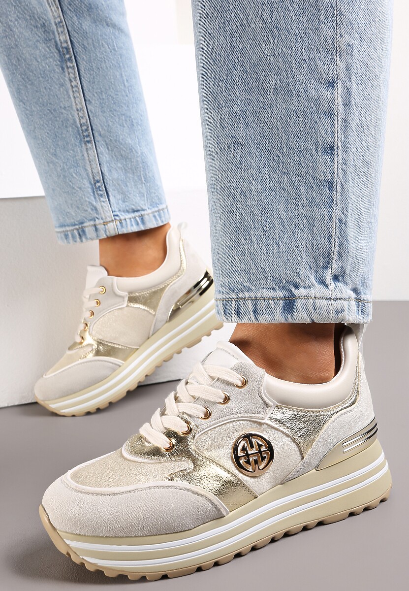 Złote Sneakersy na Ozdobnej Podeszwie i Wkładką ze Skóry Naturalnej Agiri 2