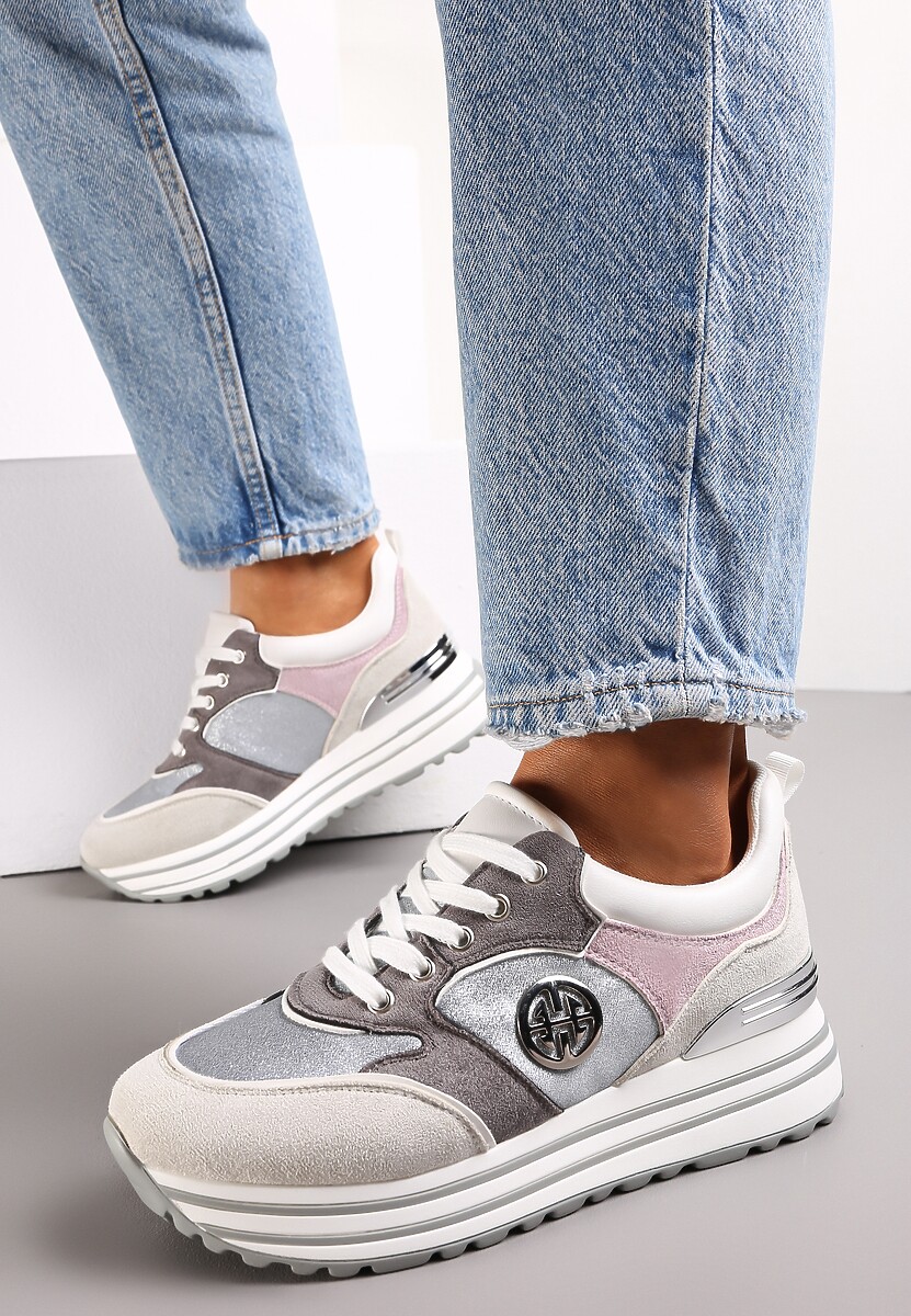 Szare Sneakersy na Ozdobnej Podeszwie i Wkładką ze Skóry Naturalnej Agiri 1
