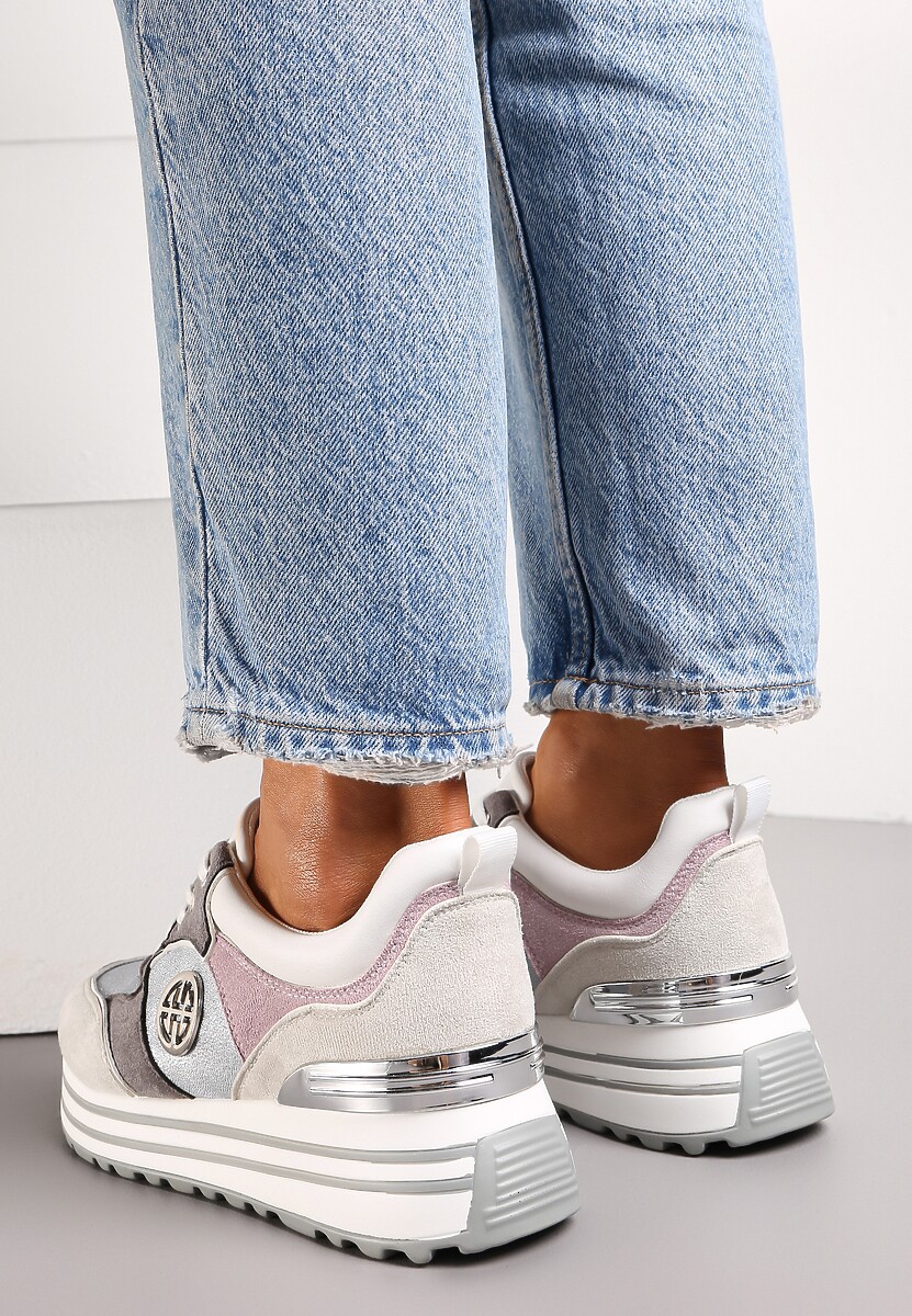 Szare Sneakersy na Ozdobnej Podeszwie i Wkładką ze Skóry Naturalnej Agiri 2