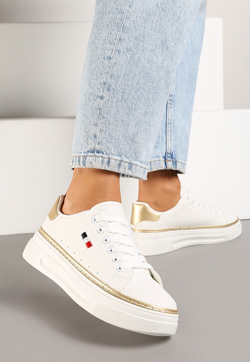 Biało-Beżowe Sznurowane Sneakersy na Płaskiej Podeszwie z Lamówką Fedat 1