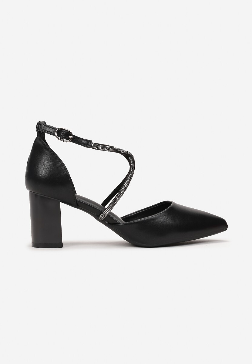 Botine negre cu toc gros barete cu zirconiu și vârf ascuțit Jarise 3