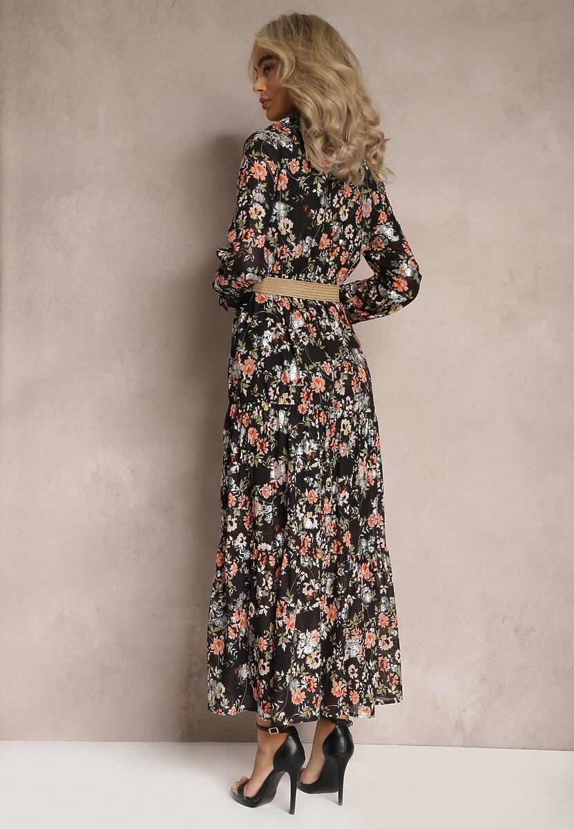 Rochie Neagră Maxi cu Curea Împletită și Elastic în Talie cu Flori Elanisa 3