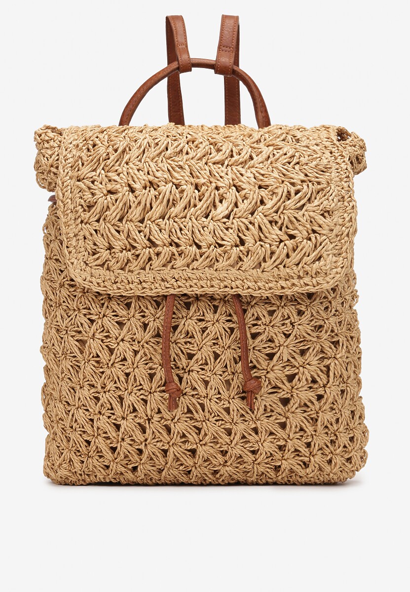 Beżowy Plecak z Plecionki na Regulowanych Ramiączkach z Klapą z Magnetycznym Zapięciem Aldyros 1