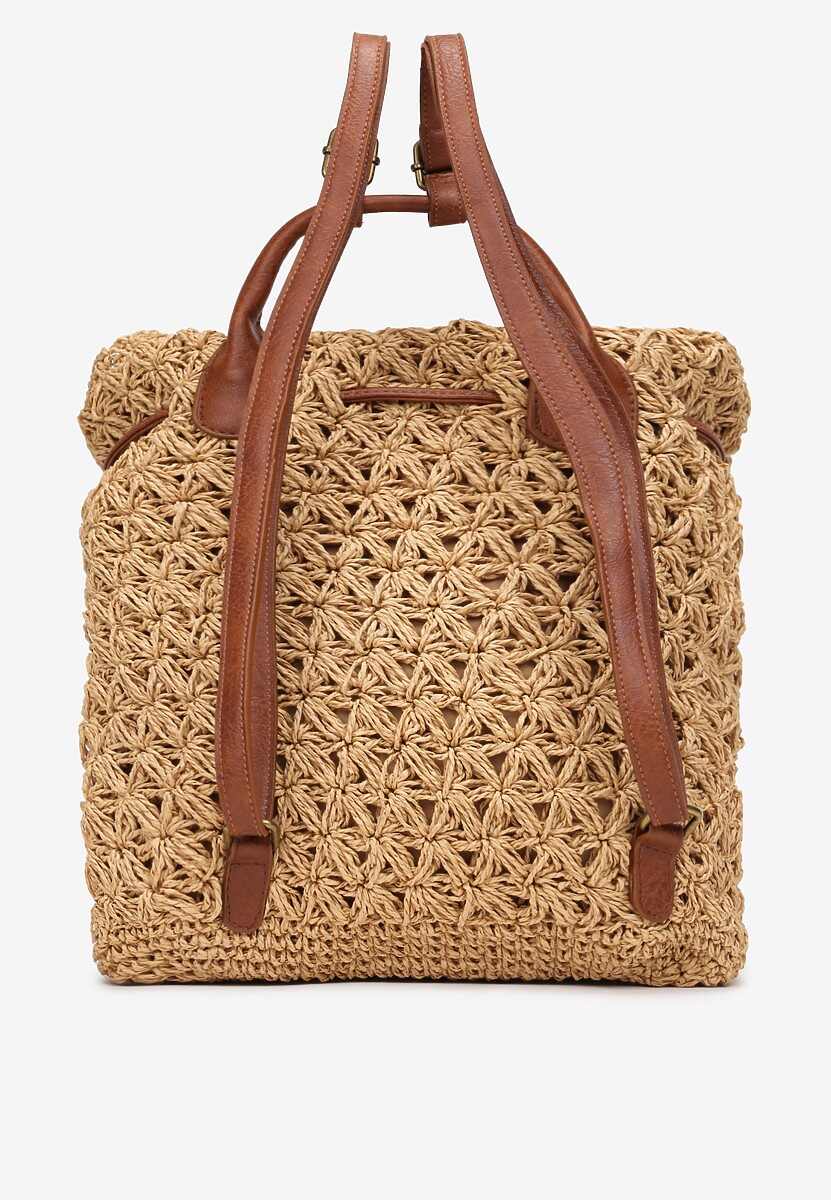 Beżowy Plecak z Plecionki na Regulowanych Ramiączkach z Klapą z Magnetycznym Zapięciem Aldyros 2