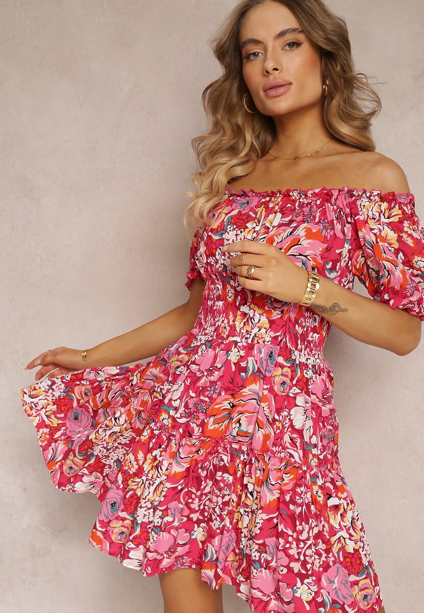 Rochie mini cloș fucsia cu elastic în talie și mâneci scurte din viscoză Merrelle 1