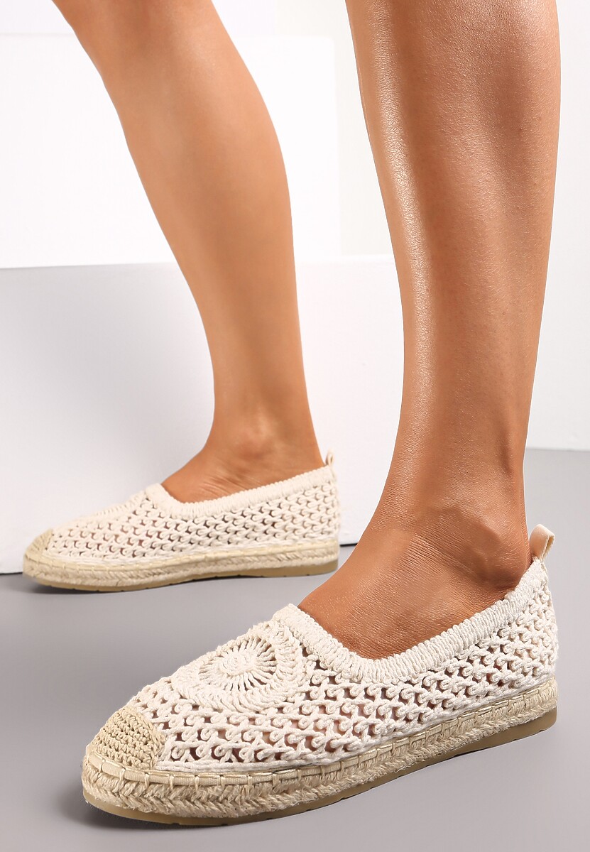 Beżowe Espadryle na Plecionej Podeszwie z Ażurową Cholewką przed Kostkę Olloh 1