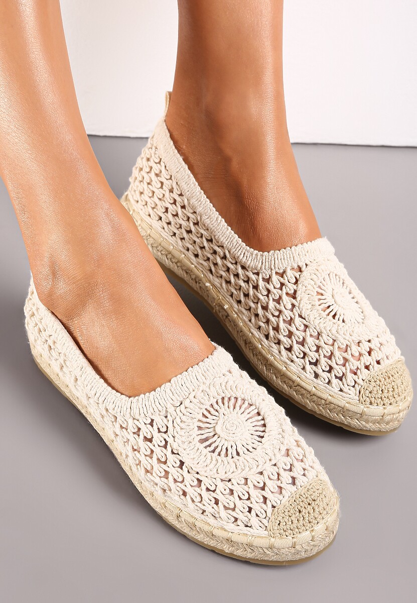 Beżowe Espadryle na Plecionej Podeszwie z Ażurową Cholewką przed Kostkę Olloh 2
