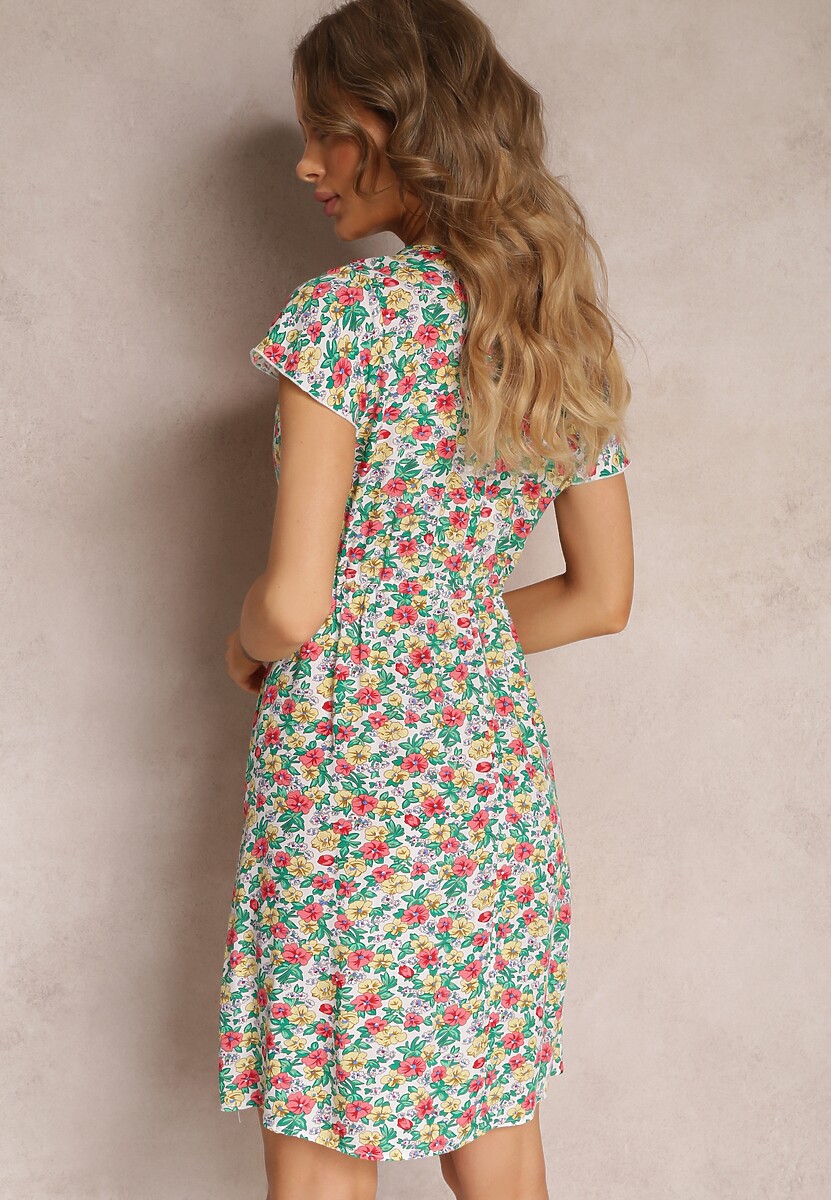 Rochie mini alb-verde cu flori din viscoză cu mânecă scurtă Ayela 3