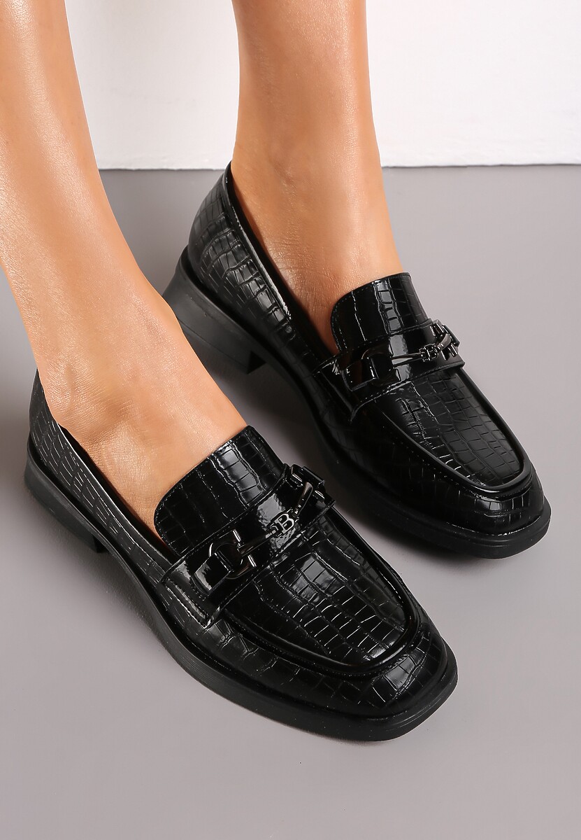 Mocasini Negri cu Imprimeu Piele Crocodil cu Ornament Metalic si Brant din Piele Kareph 2