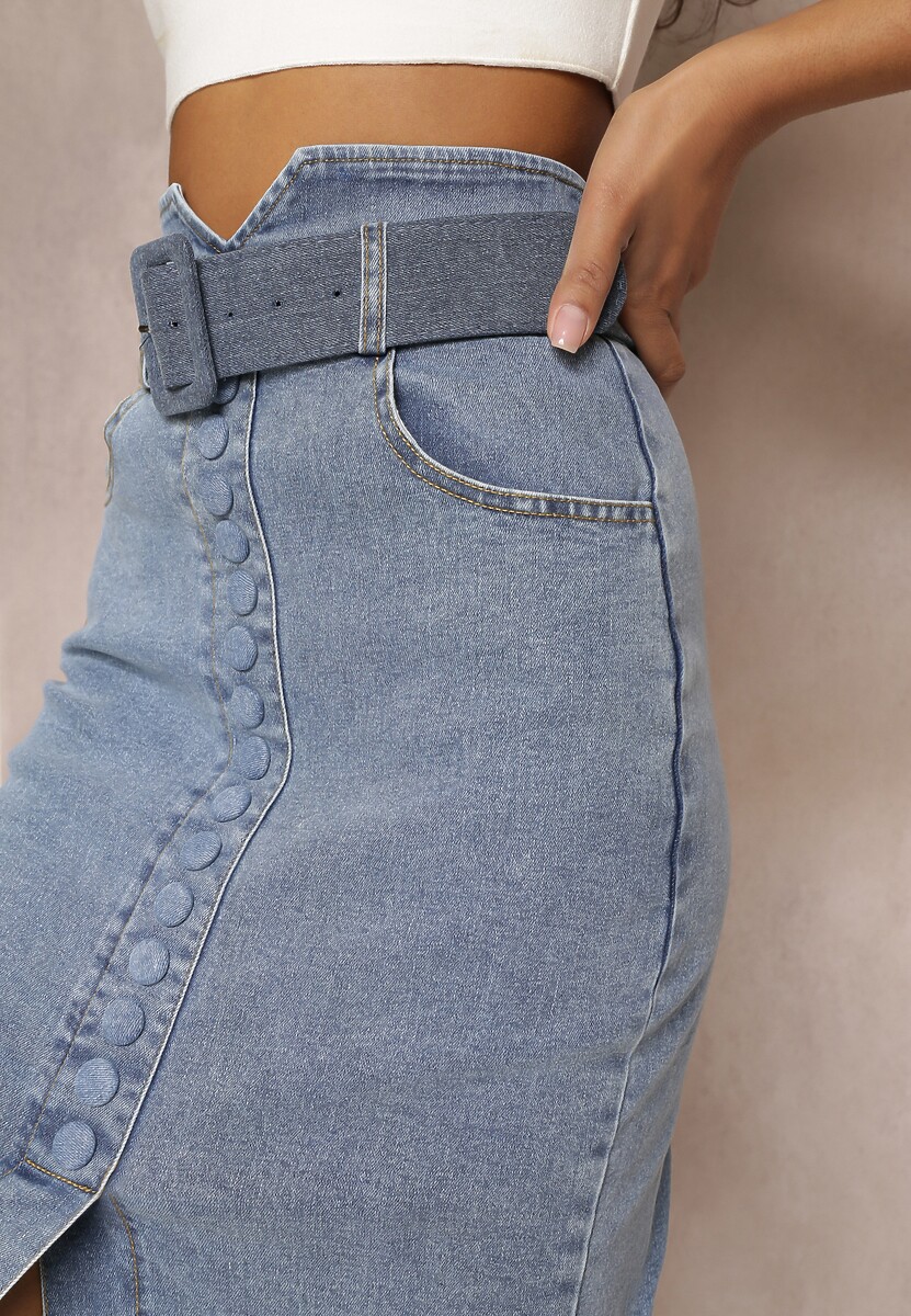 Fustă creion denim albastră midi cu nasturi și șliț Jackiesa - Renee