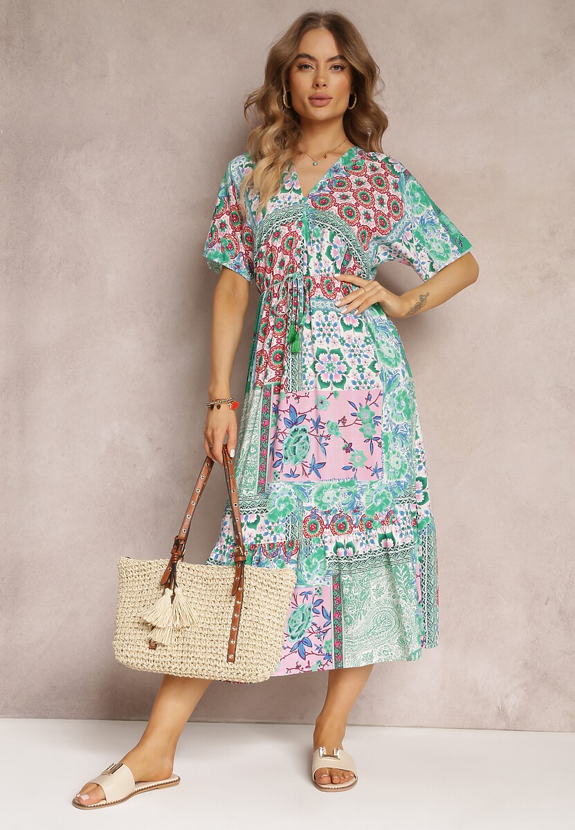 Rochie midi verde-roz din viscoză cu imprimeu floral și elastic în talie Roslyna 2