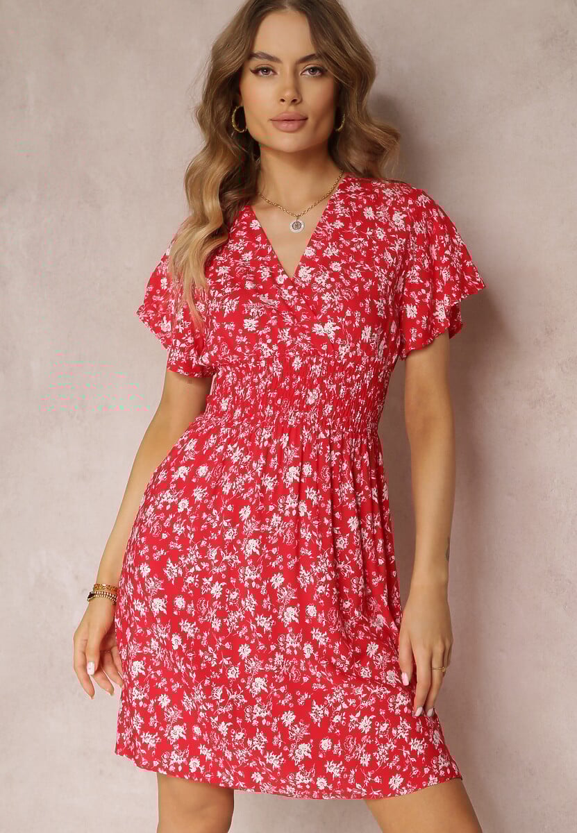 Rochie mini din viscoză roșie cu flori cu elastic în talie și decolteu petrecut Joslena 1