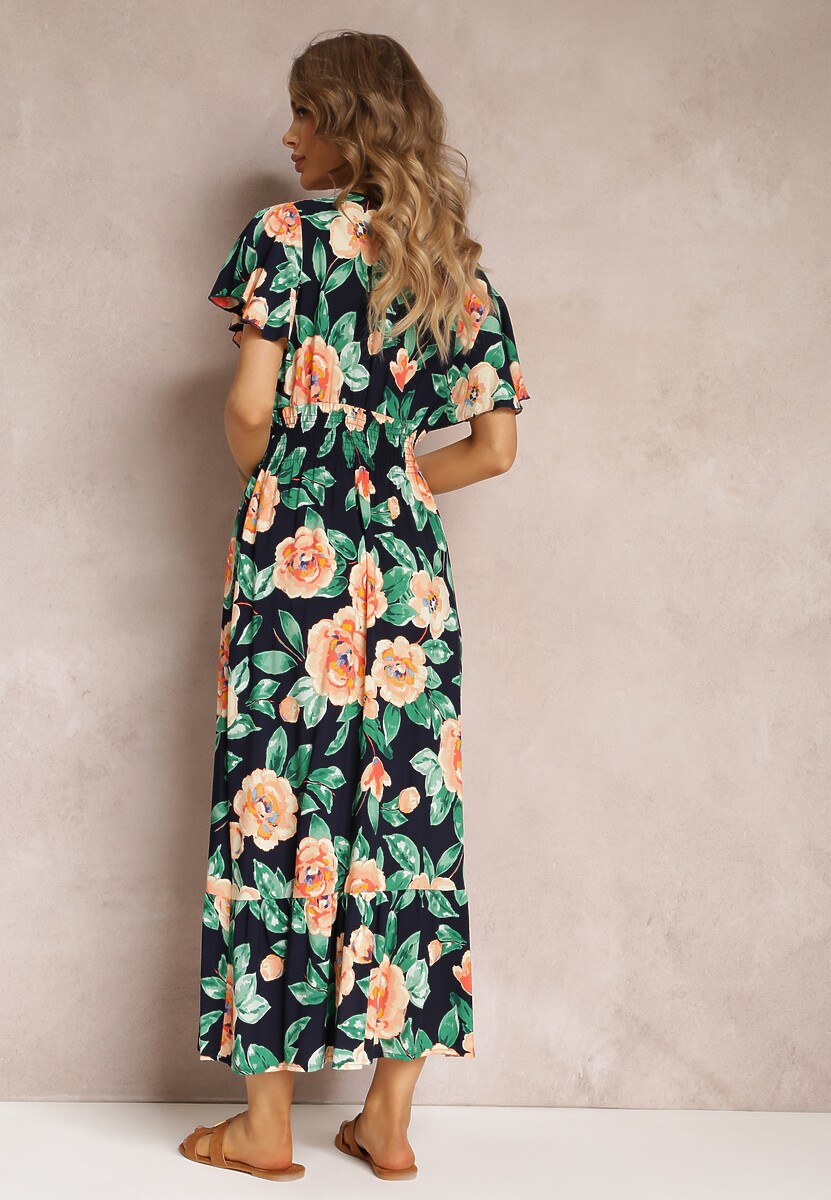 Granatowa Rozkloszowana Sukienka Maxi z Gumkami w Talii i Falbankami Tayte 3