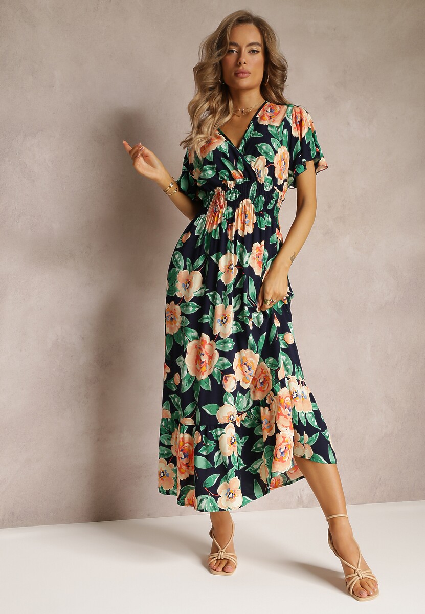 Rochie bleumarin clos evazată maxi cu elastic în talie și volane Tayte 2