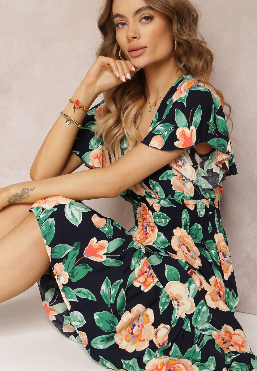 Granatowa Rozkloszowana Sukienka Maxi z Gumkami w Talii i Falbankami Tayte 2