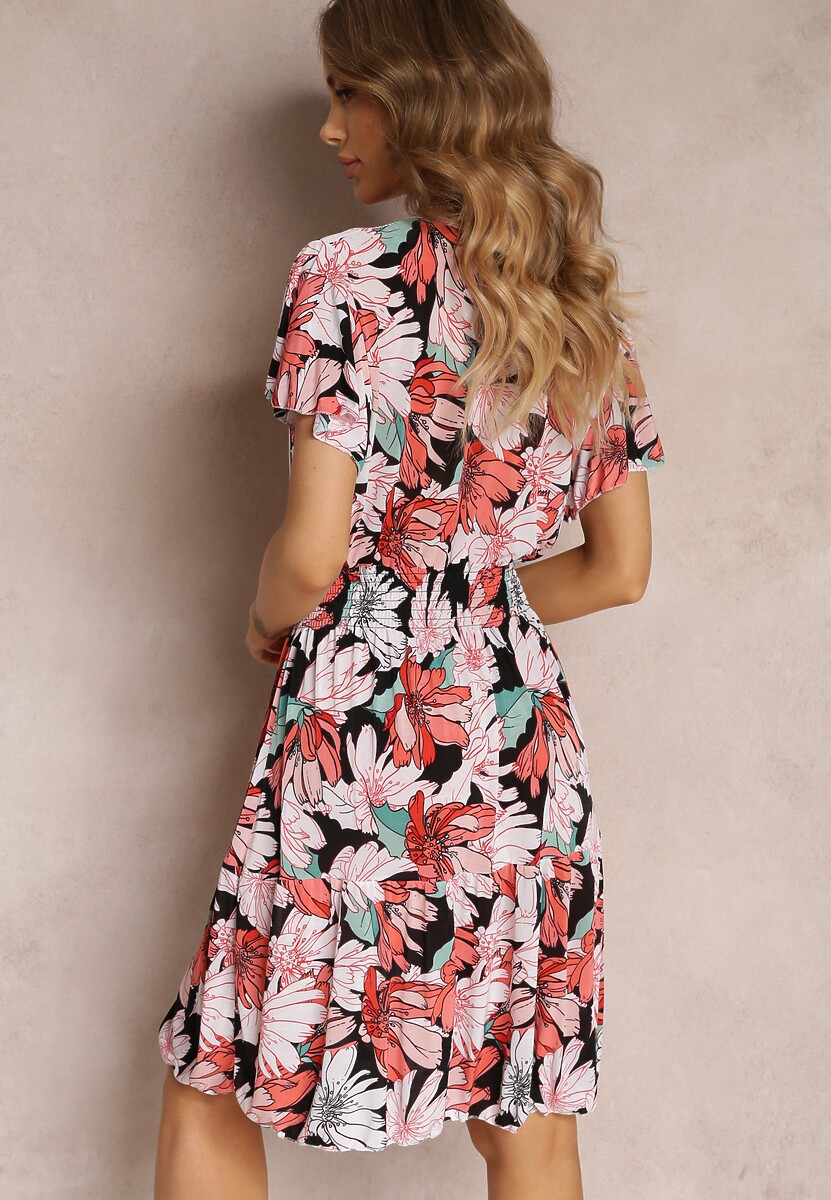 Rochie Neagră-Roșie Cloș Midi cu Imprimeu Floral și Elastic în Talie Athesine 3